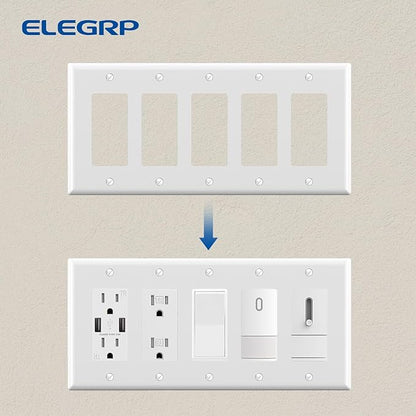 ELEGRP 5-Gang Decorative Wall Plates, Standard Size 4.52" H x 10.03" L Unbreakable Thermoplastic Faceplate Cover for Decorator Receptacle Outlet Switch, UL Listed (2 Pack, Glossy White)