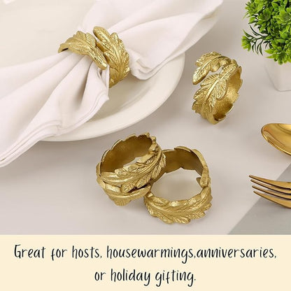 CLEENTABLE Gold Leaf Napkin Rings Set of 12 - Round Metal Napkin Holders for Dining Table Settings - Elegant Leaf Design for Weddings, Parties, Holiday Décor, Family Dinners & Special Occasions