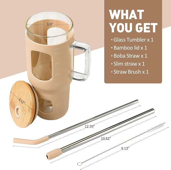 WINSA Glass Tumbler with Lid, 32 oz Glass Cup with Handle, Glass Water Bottles - Image 2