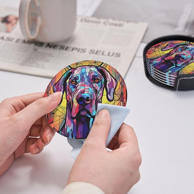 Great Dane Stained Dog Breed Glass Art Leather Drinks Coasters - Image 4