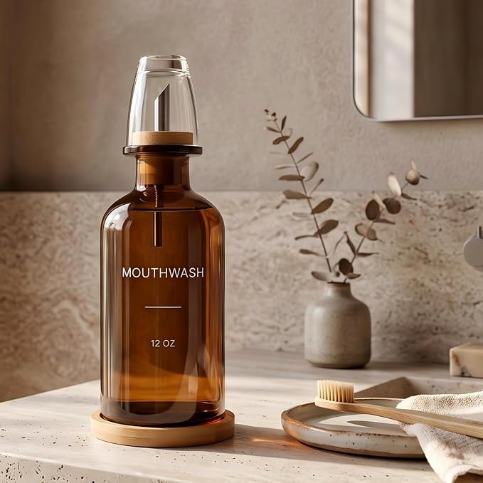 Glass Mouthwash Dispenser for Bathroom, Amber | Bamboo Tray & Mouthwash Cup - Image 2