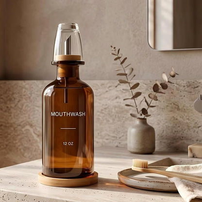 Glass Mouthwash Dispenser for Bathroom, Amber | Bamboo Tray & Mouthwash Cup - Image 2