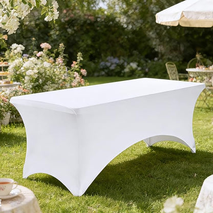 VidaFete Spandex Tablecloth 2 Pack 8FT, Fitted Stretch Table Cover for Rectangle Tables, Wrinkle Resistant and Washable Tablecloths for Outdoor, Picnic, Party, Wedding, Banquet, Birthday, White