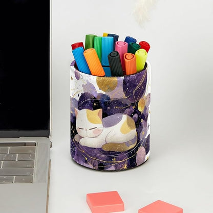 Leather Pen Holder for Desk, Space Cat Pencil Cup Pen Organizer Makeup Brush - Image 5