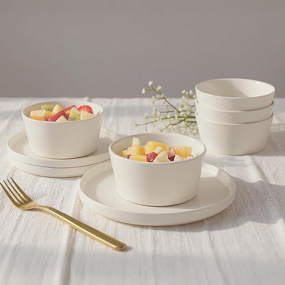 MIAMIO – Ceramic Dinner Plates Set for 4 People/Ceramic Dinnerware 4-Piece, Modern Stoneware, Dishwasher & Microwave Safe – Luxe Collection (White, 8 Inch)