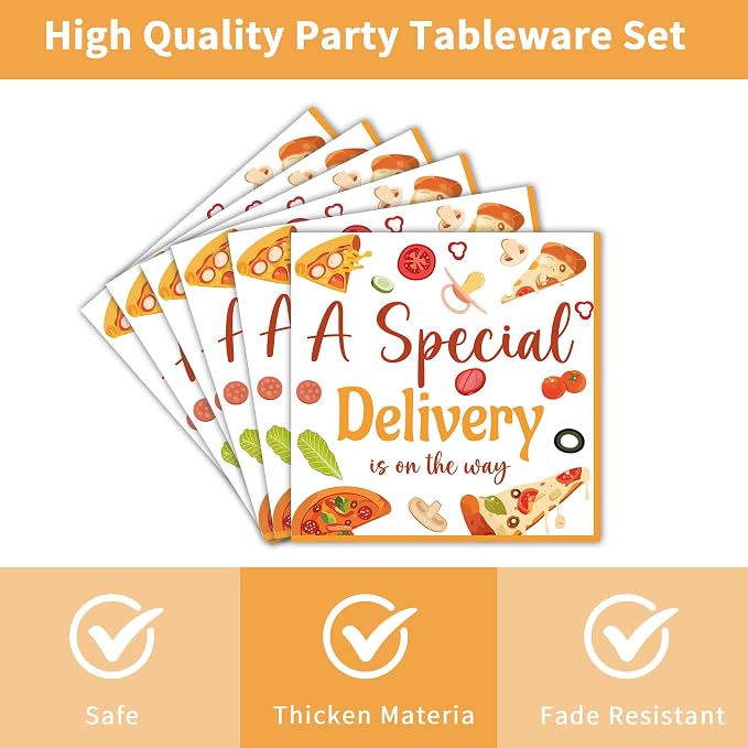 96 Pcs Special Delivery Pizza Baby Shower Decorations, Tableware Set | Includes - Image 4