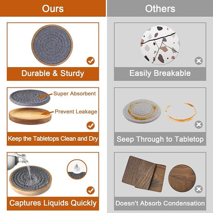 Wood Coasters for Drinks, Eykao Absorbent Coaster Sets of 8, Woven Drink - Image 3
