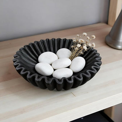 10" Large Decorative Bowl decor, Scalloped Bowls for Modern Home Decor,Ruffle Decor,Stylish Key Bowl for Entry Table,Decorative Fruit Bowl for Kitchen Counter,Black