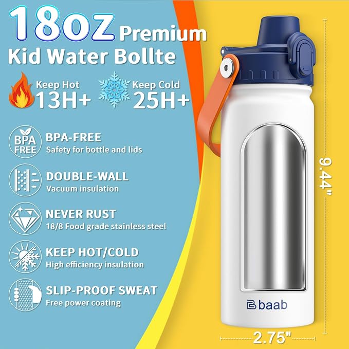 baab 18oz Kids Insulated Water Bottle 18/8 Stainless Steel Kids Cup 2 Pack | - Image 2