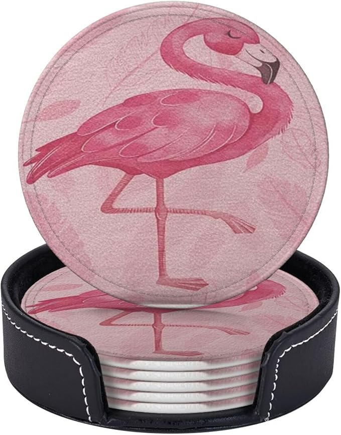 Pink Cute Flamingo Modern Art Boho Premium Leather Coasters by LRCCJS