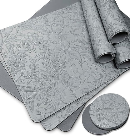 Spring Floral Pattern Placemats and Coasters Set, Embossed Flower Dinner Table by Unknown