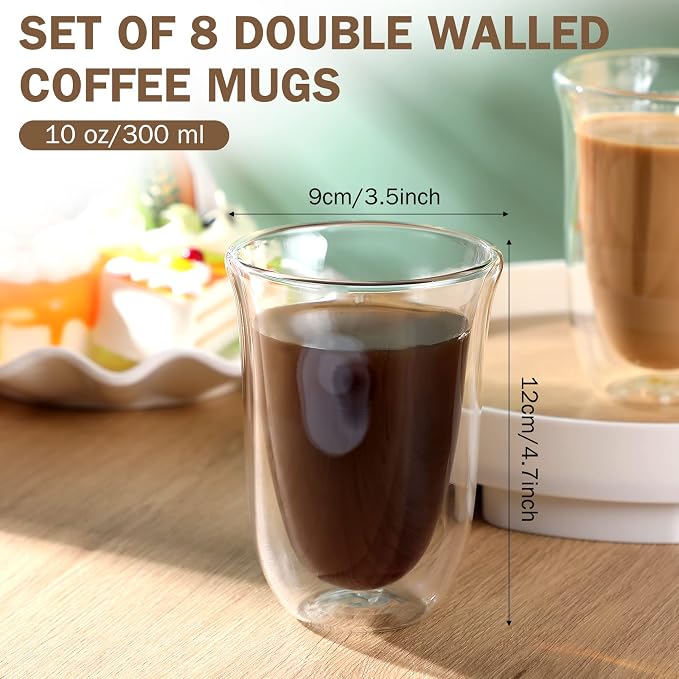 8 Pack 10 oz Double Walled Coffee Mugs Glass Espresso Cups without Handle Clear - Image 2