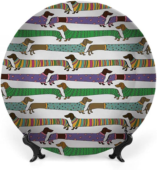Ceramic Display Plate, Dog Lover Ceramic Hanging Decorative Plate, Cartoon Style Dachshunds Dressed in Pyjamas Chevron, 10 Inch, Living Room Kitchen Decoration Household, Multicolor