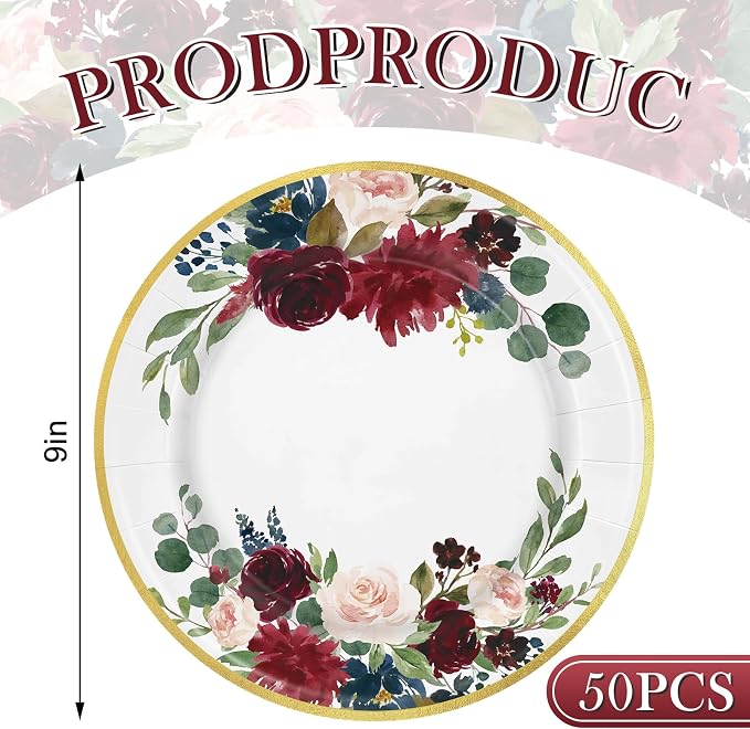 JarThenaAMCS Floral Leaves Paper Plates Disposable Watercolor Red Flower Plates - Image 2
