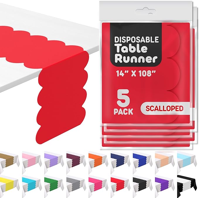 Red Scallop Table Runner, Disposable Plastic, 5 Pack by Swanoo