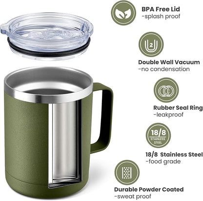 MEWAY 12oz Coffee Mug With Handle and Sliding Lid, Stainless Steel Travel - Image 2