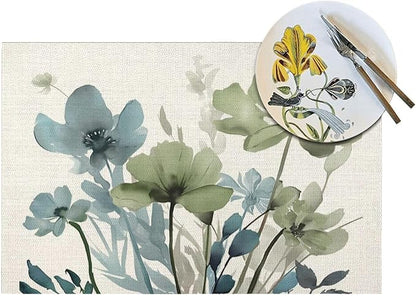 Spring Floral Placemats 12x18 Inches Set of 4,Watercolor Blue Green Flower Decorative Rectangle Summer Decor Floral Decoration Table Mats for Party, Home Kitchen,Dining Table Decoration