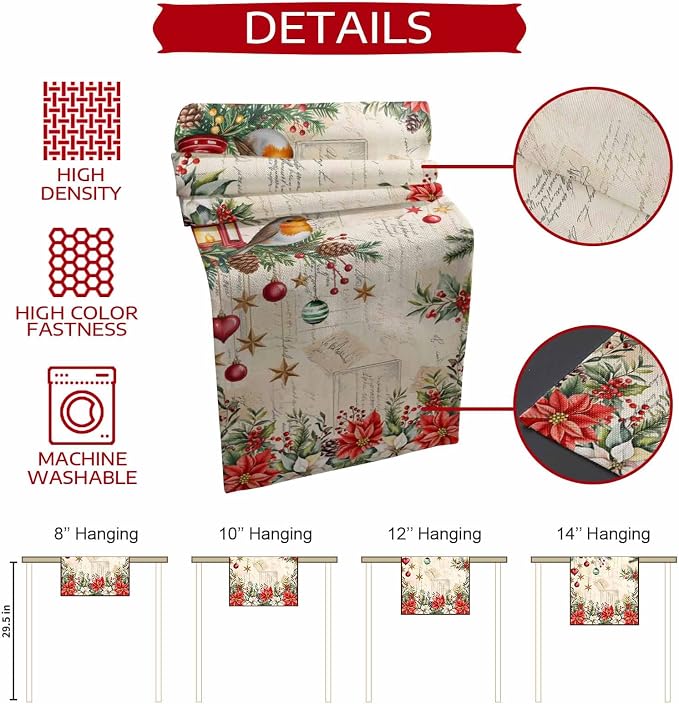 Christmas Poinsettia Table Runner 60 Inches Long, Winter Xmas Balls Birds Table - Image 7