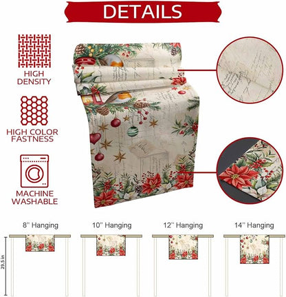 Christmas Poinsettia Table Runner 60 Inches Long, Winter Xmas Balls Birds Table - Image 7