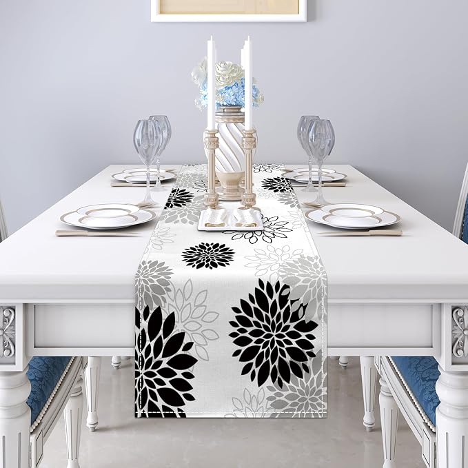 Dahlia Flower Table Runner 13x71 Inch Farmhouse Black Gray Runners Modern Table - Image 5