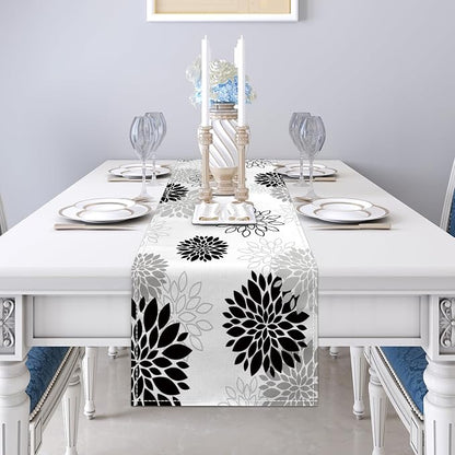 Dahlia Flower Table Runner 13x36 Inch Farmhouse Black Gray Runners Modern Table - Image 5