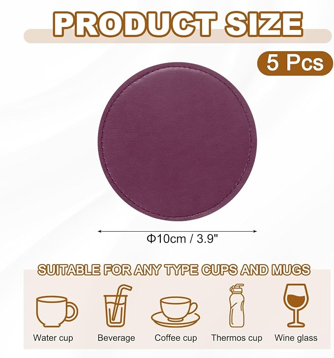 uxcell 5Pcs PU Leather Coasters, Wine Red - Image 2