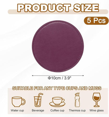 uxcell 5Pcs PU Leather Coasters, Wine Red - Image 2