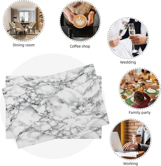 Fiokroo Black and White Marble Placemats Set of 4 Table Mats Table Tableware - Image 3