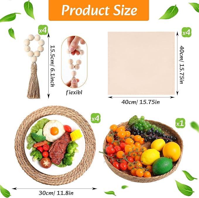 4 Sets Boho Decoration Placemats Round Woven Placemats, Cloth Napkins, Wood - Image 2