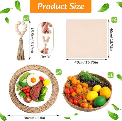 4 Sets Boho Decoration Placemats Round Woven Placemats, Cloth Napkins, Wood - Image 2