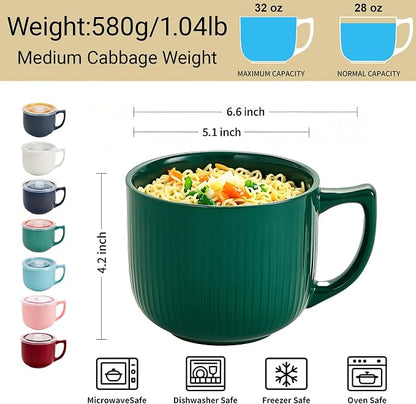 Ceramic Soup Bowl with Handle & Lid, 32oz Microwave Ramen Bowl Set of 2 | - Image 2