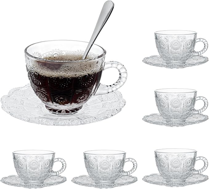 Glass Teacups and Saucers Set of 6, Vintage Coffee Mugs - Image 9