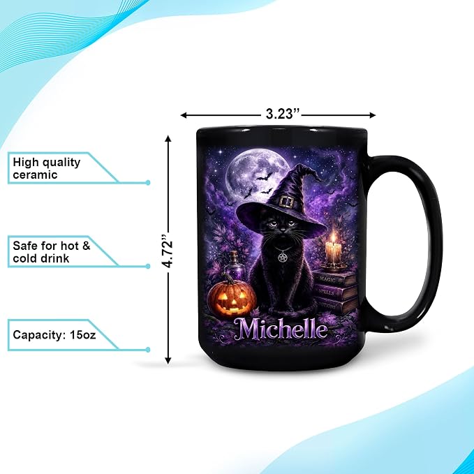 Hyturtle Personalized Halloween Black Cat Mug, Custom Name Gift - Image 4