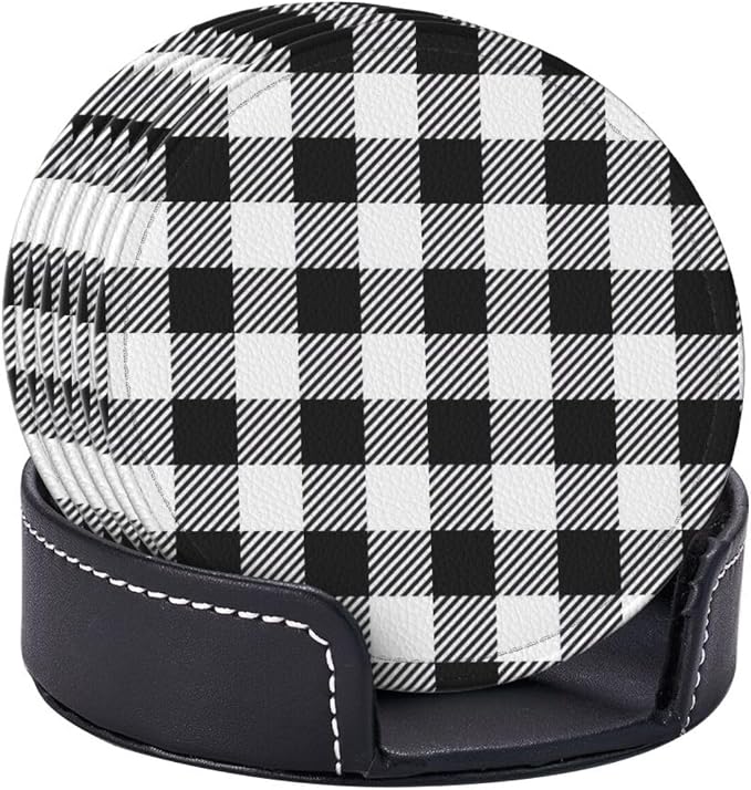 6 Pcs Black and White Buffalo Check Plaids Leather Coasters - Image 6