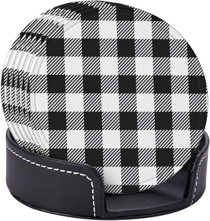 6 Pcs Black and White Buffalo Check Plaids Leather Coasters - Image 6