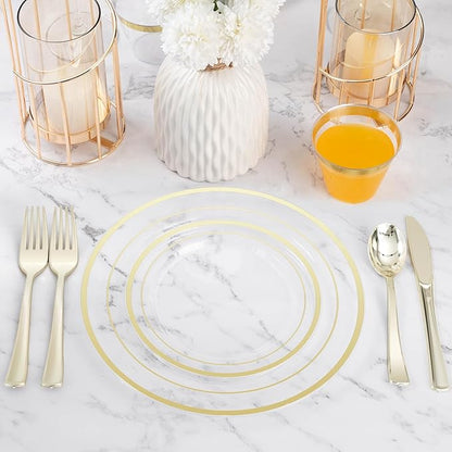 BESTVIP 600PCS Clear Gold Plastic Plate Set (100 Guests), Plastic Plates for Party Wedding Birthday, Disposable Dinnerware Set of 200 Plates, 200 Forks, 100 Spoons, 100 Knives for Christmas