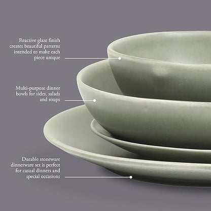 Gibson Elite Zion Mist 16 Piece Stoneware Reactive Glaze (Service for 4) Ceramic Plates and Bowls Modern Organic Dinnerware Set - Green