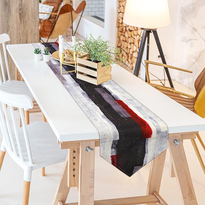 Modern Burlap Table Runner, Abstract Red and Black Art Table Runners - Image 7