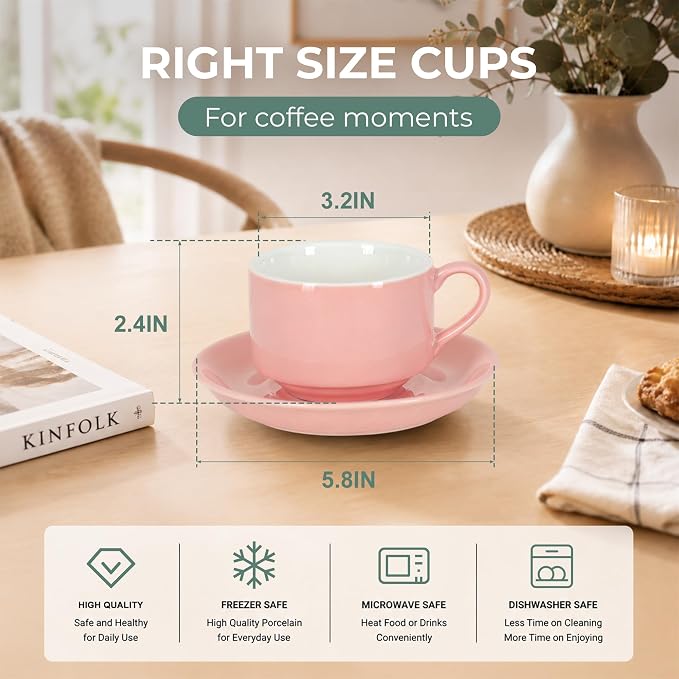 8 Ounce Cappuccino Cups Set of 4, Includes Display Stand, Cups Saucers - Image 2