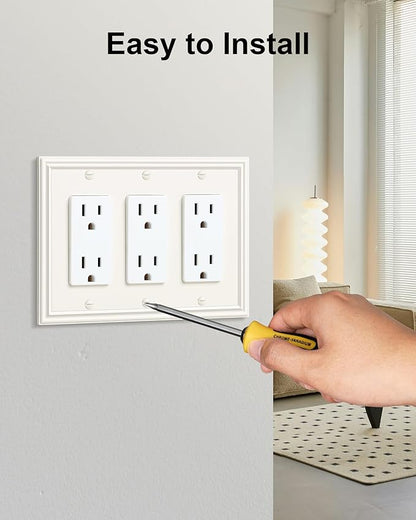 2-Pack Tripple Decorator Outlet Cover Plate, Durable Zinc Alloy 3 Gang Wall Plate, Light Almond Decorative Switch Plates and Outlet Covers, Corrosion Resistant