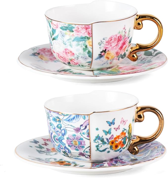 KAMMAK Tea Cups and Saucers Set of 2, Fine Bone China Coffee Cups, YX011 | by KAMMAK