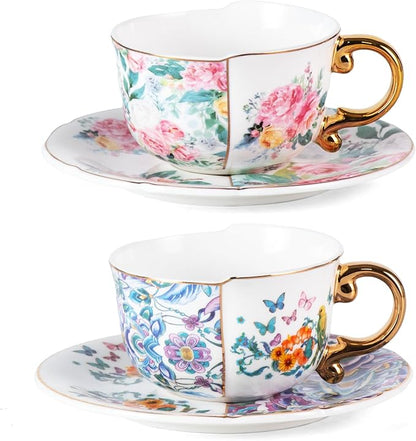 KAMMAK Tea Cups and Saucers Set of 2, Fine Bone China Coffee Cups, YX011 | by KAMMAK