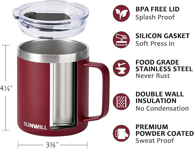 SUNWILL Travel Coffee Mug with Lid, Insulated Tumbler with Handle, 14 oz - Image 2