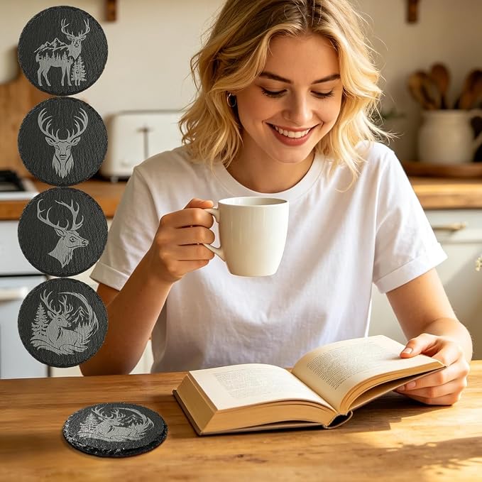 4Pcs Slate Coasters with Deer Pattern, Round 3.94 inch Cup Mats - Image 2