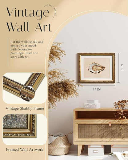 InSimSea Gold Framed Wall Art, Vintage Oyster Shell Sketch Kitchen Wall Decor, Still Life Canvas Print Art, Dining Room Farmhouse Decor, Antique Paintings with Picture Frame 13x16inch