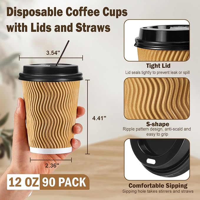 SIUQ 12 oz Coffee Cups-90 Pack Disposable Coffee Cups - Image 2