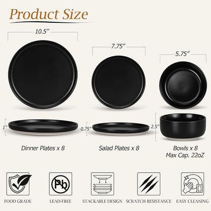 LIANYU Plates and Bowls Sets for 8, 24 Piece Stoneware Dinnerware Set, - Image 2