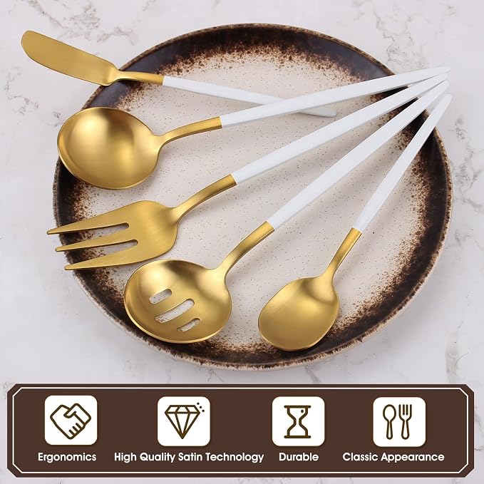 VANVRO Matte White Gold Serving Silverware Set, 5-Piece Round Shared Utensils - Image 3