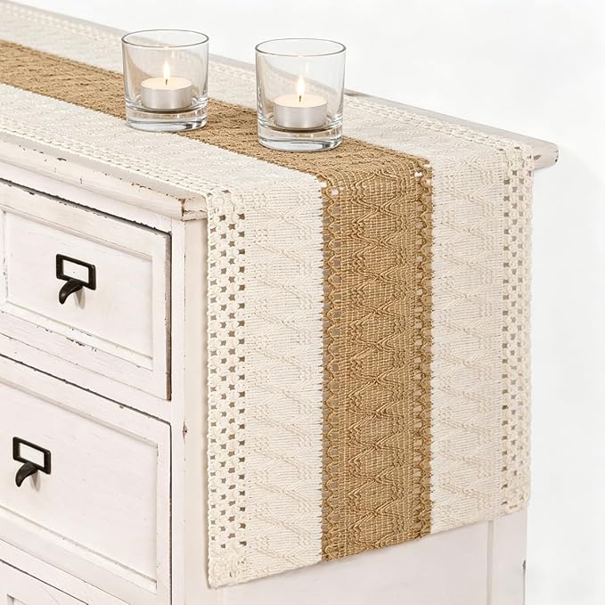 Ivory & Burlap Boho Table Runner Farmhouse Woven Table Runner 12x60 Inch | - Image 2
