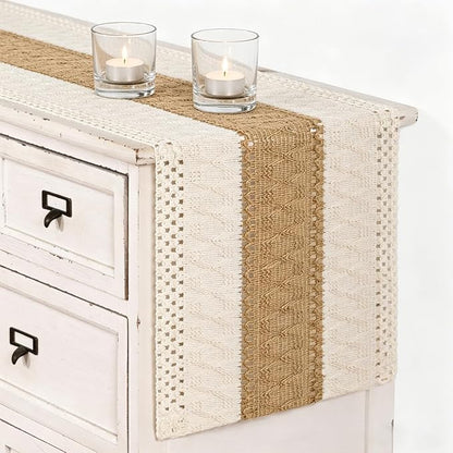 Ivory & Burlap Boho Table Runner Farmhouse Woven Table Runner 12x60 Inch | - Image 2